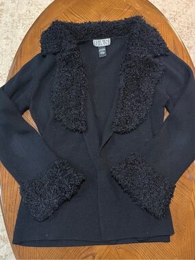 GAS Black Knit Cardigan with Faux-Shearling Trim